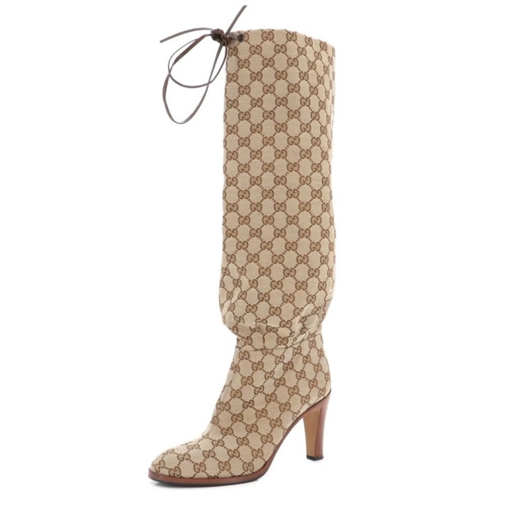 Gucci Beige GG Monogram Knee-High Boots - Picture 2 of 10